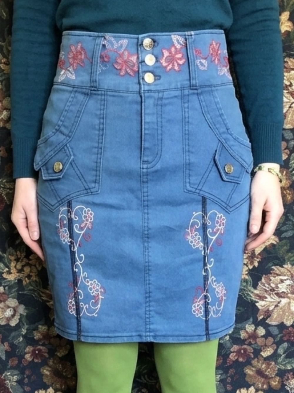 Vintage Y2K Embroidered Corset High Waist Denim Skirt 28
